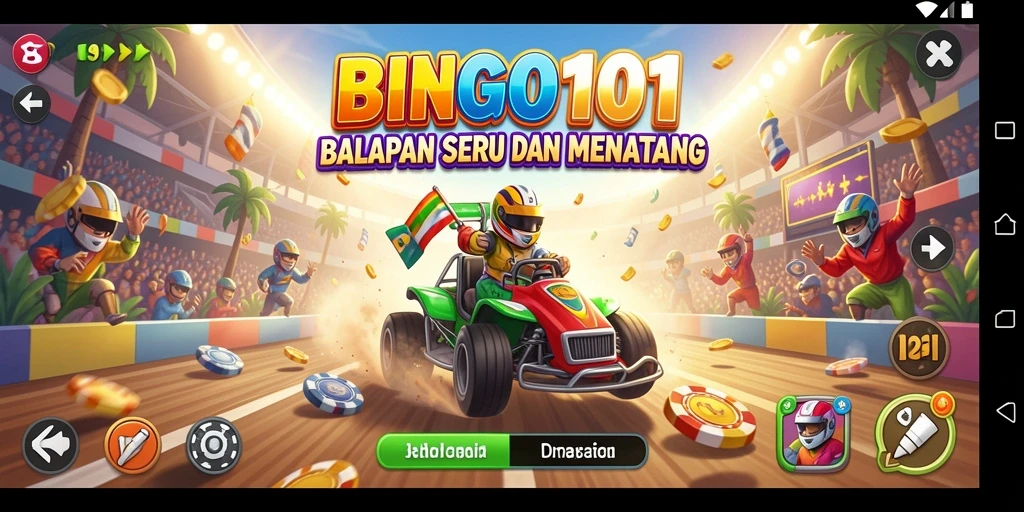 Tangkapan layar menampilkan aksi balapan seru di BINGO101.