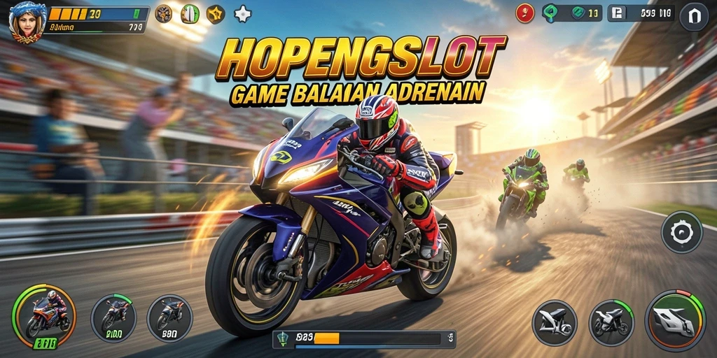 Screenshot gameplay HOPENGSLOT menampilkan balapan motor yang mendebarkan.