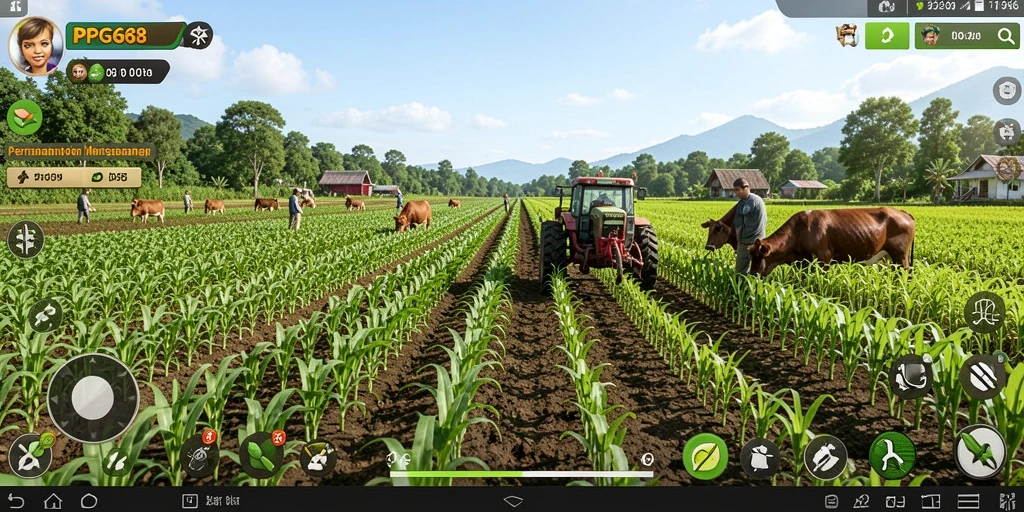 Tampilan menarik dari gameplay PGG68 dengan lahan pertanian yang luas.