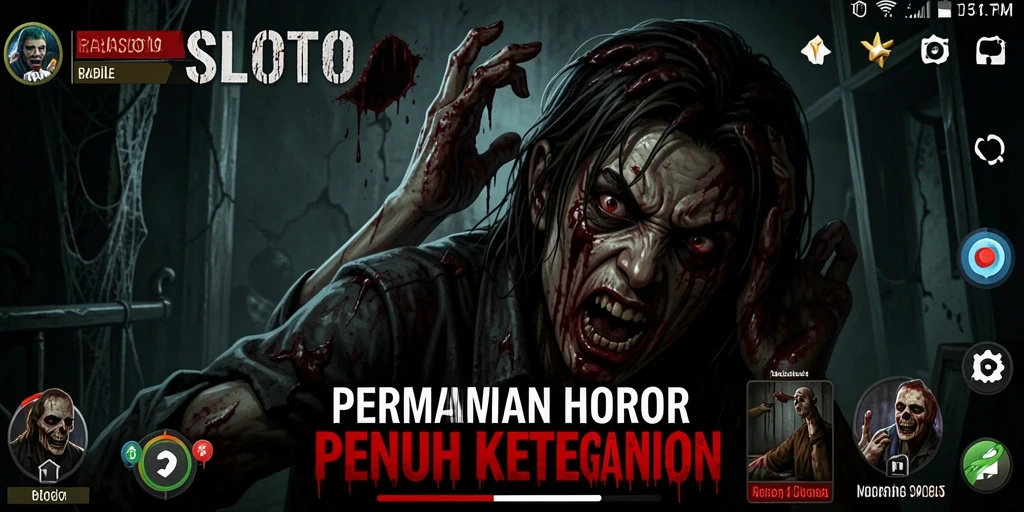 Screenshot gameplay RAJASLOTO yang menampilkan suasana horor yang mencekam.